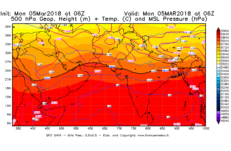Mappa di analisi GFS - Geopotenziale [m] + Temp. [°C] a 500 hPa + Press. a livello del mare [hPa] in Asia Sud-Occidentale
							del 05/03/2018 06 <!--googleoff: index-->UTC<!--googleon: index-->