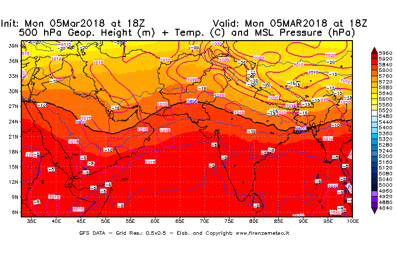 Mappa di analisi GFS - Geopotenziale [m] + Temp. [°C] a 500 hPa + Press. a livello del mare [hPa] in Asia Sud-Occidentale
							del 05/03/2018 18 <!--googleoff: index-->UTC<!--googleon: index-->