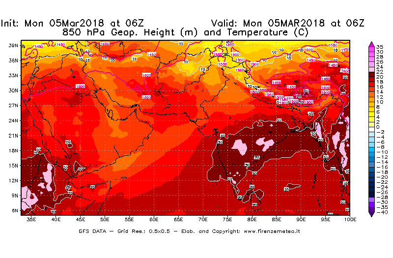 Mappa di analisi GFS - Geopotenziale [m] e Temperatura [°C] a 850 hPa in Asia Sud-Occidentale
							del 05/03/2018 06 <!--googleoff: index-->UTC<!--googleon: index-->