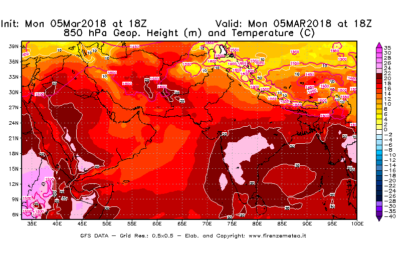 Mappa di analisi GFS - Geopotenziale [m] e Temperatura [°C] a 850 hPa in Asia Sud-Occidentale
							del 05/03/2018 18 <!--googleoff: index-->UTC<!--googleon: index-->
