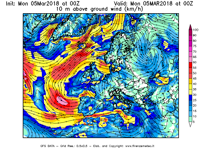 Mappa di analisi GFS - Velocità del vento a 10 metri dal suolo [km/h] in Europa
							del 05/03/2018 00 <!--googleoff: index-->UTC<!--googleon: index-->