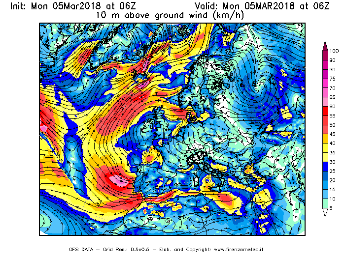 Mappa di analisi GFS - Velocità del vento a 10 metri dal suolo [km/h] in Europa
							del 05/03/2018 06 <!--googleoff: index-->UTC<!--googleon: index-->
