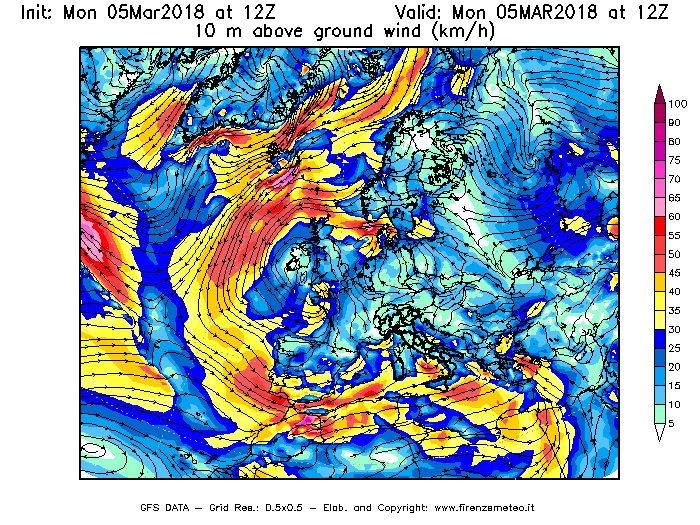Mappa di analisi GFS - Velocità del vento a 10 metri dal suolo [km/h] in Europa
							del 05/03/2018 12 <!--googleoff: index-->UTC<!--googleon: index-->