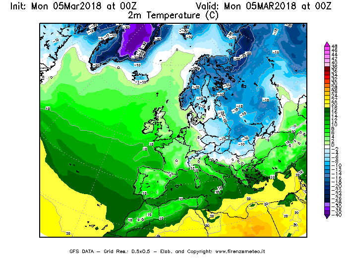 Mappa di analisi GFS - Temperatura a 2 metri dal suolo [°C] in Europa
							del 05/03/2018 00 <!--googleoff: index-->UTC<!--googleon: index-->