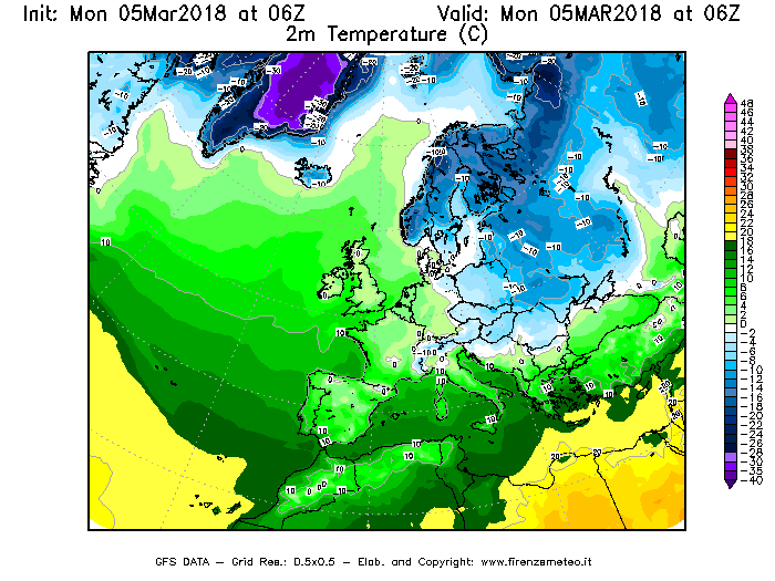 Mappa di analisi GFS - Temperatura a 2 metri dal suolo [°C] in Europa
							del 05/03/2018 06 <!--googleoff: index-->UTC<!--googleon: index-->