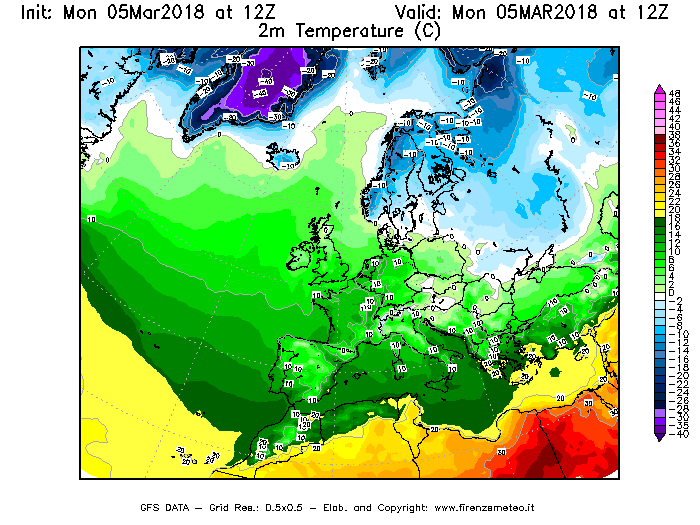 Mappa di analisi GFS - Temperatura a 2 metri dal suolo [°C] in Europa
							del 05/03/2018 12 <!--googleoff: index-->UTC<!--googleon: index-->