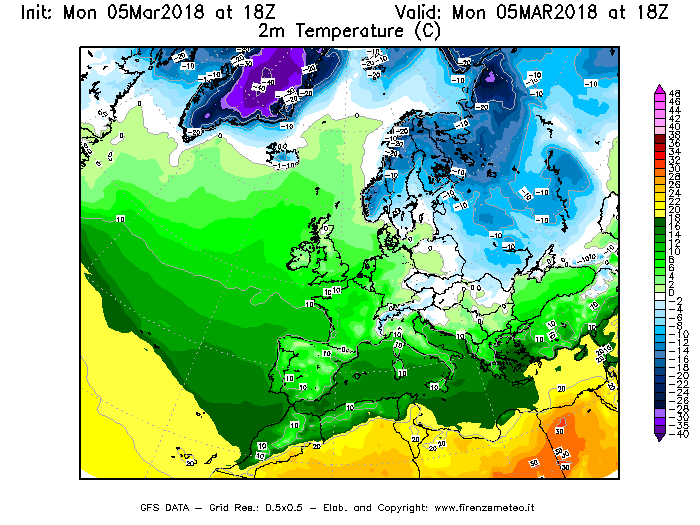 Mappa di analisi GFS - Temperatura a 2 metri dal suolo [°C] in Europa
							del 05/03/2018 18 <!--googleoff: index-->UTC<!--googleon: index-->