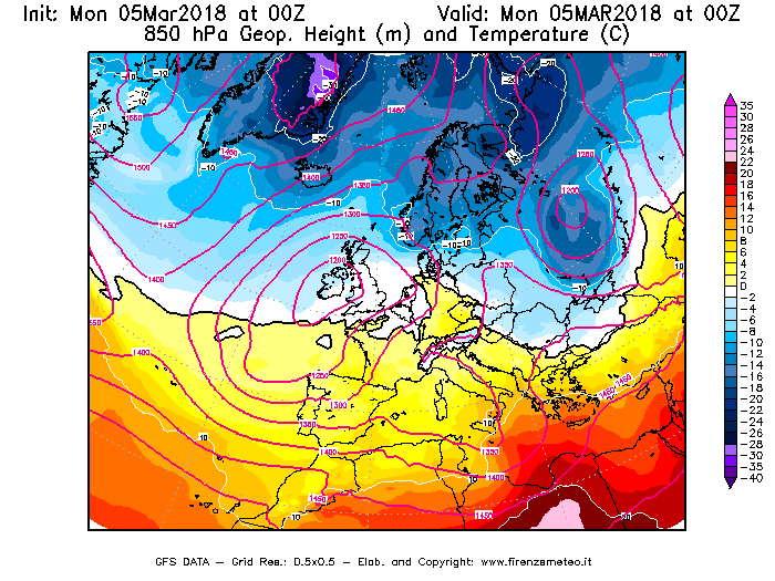 Mappa di analisi GFS - Geopotenziale [m] e Temperatura [°C] a 850 hPa in Europa
							del 05/03/2018 00 <!--googleoff: index-->UTC<!--googleon: index-->
