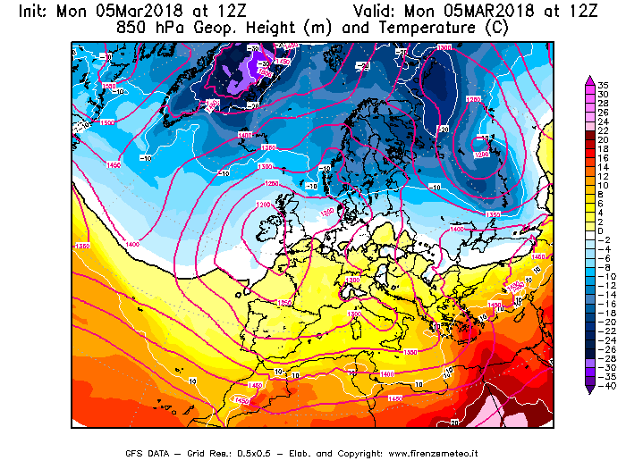 Mappa di analisi GFS - Geopotenziale [m] e Temperatura [°C] a 850 hPa in Europa
							del 05/03/2018 12 <!--googleoff: index-->UTC<!--googleon: index-->