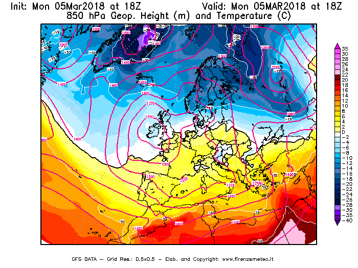 Mappa di analisi GFS - Geopotenziale [m] e Temperatura [°C] a 850 hPa in Europa
							del 05/03/2018 18 <!--googleoff: index-->UTC<!--googleon: index-->