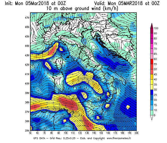 Mappa di analisi GFS - Velocità del vento a 10 metri dal suolo [km/h] in Italia
							del 05/03/2018 00 <!--googleoff: index-->UTC<!--googleon: index-->