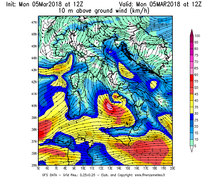 Mappa di analisi GFS - Velocità del vento a 10 metri dal suolo [km/h] in Italia
							del 05/03/2018 12 <!--googleoff: index-->UTC<!--googleon: index-->