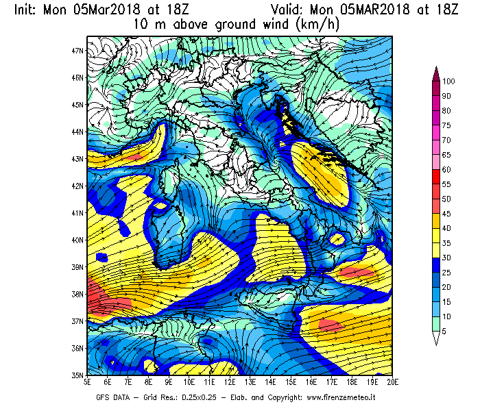 Mappa di analisi GFS - Velocità del vento a 10 metri dal suolo [km/h] in Italia
							del 05/03/2018 18 <!--googleoff: index-->UTC<!--googleon: index-->
