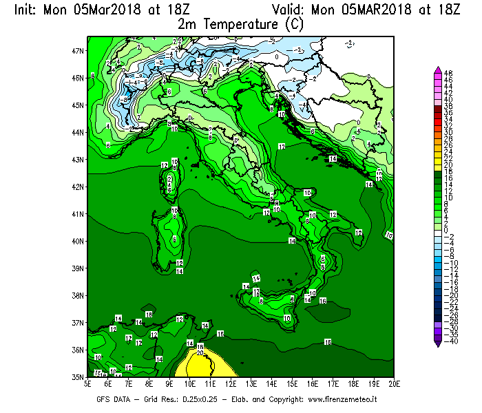 Mappa di analisi GFS - Temperatura a 2 metri dal suolo [°C] in Italia
							del 05/03/2018 18 <!--googleoff: index-->UTC<!--googleon: index-->