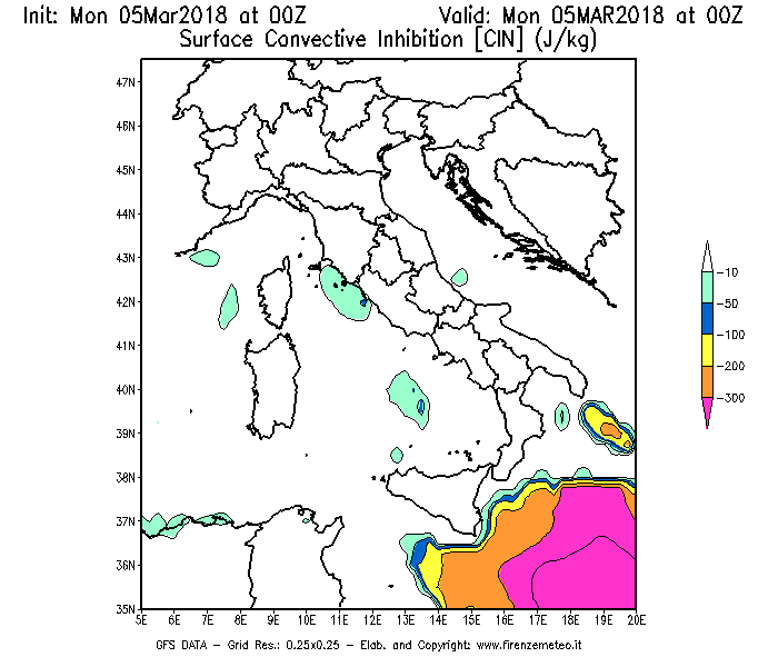 Mappa di analisi GFS - CIN [J/kg] in Italia
							del 05/03/2018 00 <!--googleoff: index-->UTC<!--googleon: index-->