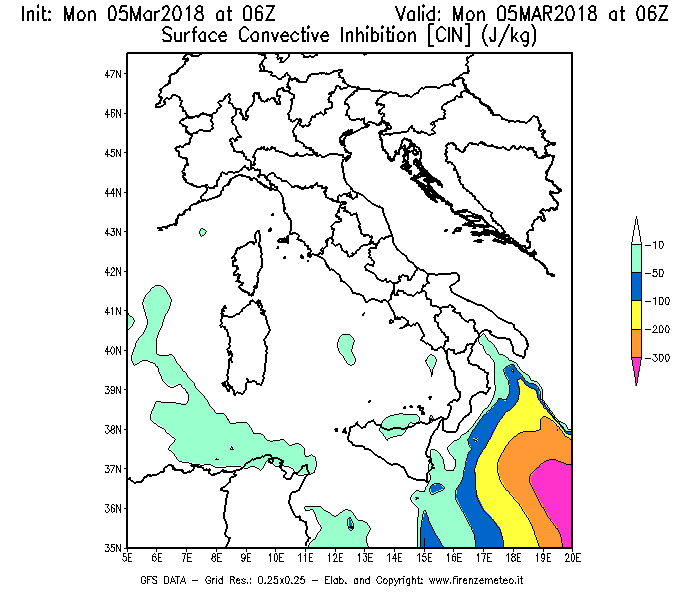 Mappa di analisi GFS - CIN [J/kg] in Italia
							del 05/03/2018 06 <!--googleoff: index-->UTC<!--googleon: index-->