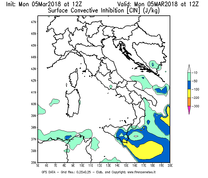 Mappa di analisi GFS - CIN [J/kg] in Italia
							del 05/03/2018 12 <!--googleoff: index-->UTC<!--googleon: index-->