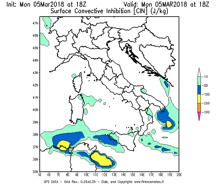 Mappa di analisi GFS - CIN [J/kg] in Italia
							del 05/03/2018 18 <!--googleoff: index-->UTC<!--googleon: index-->