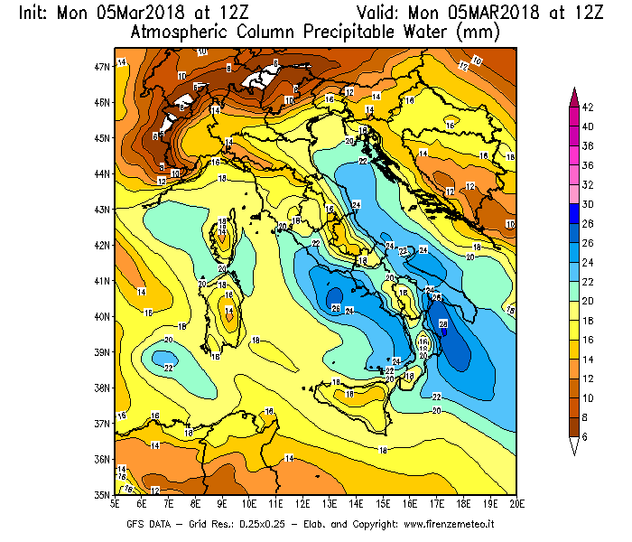 Mappa di analisi GFS - Precipitable Water [mm] in Italia
							del 05/03/2018 12 <!--googleoff: index-->UTC<!--googleon: index-->
