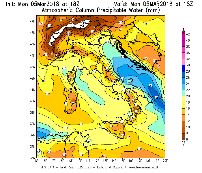 Mappa di analisi GFS - Precipitable Water [mm] in Italia
							del 05/03/2018 18 <!--googleoff: index-->UTC<!--googleon: index-->