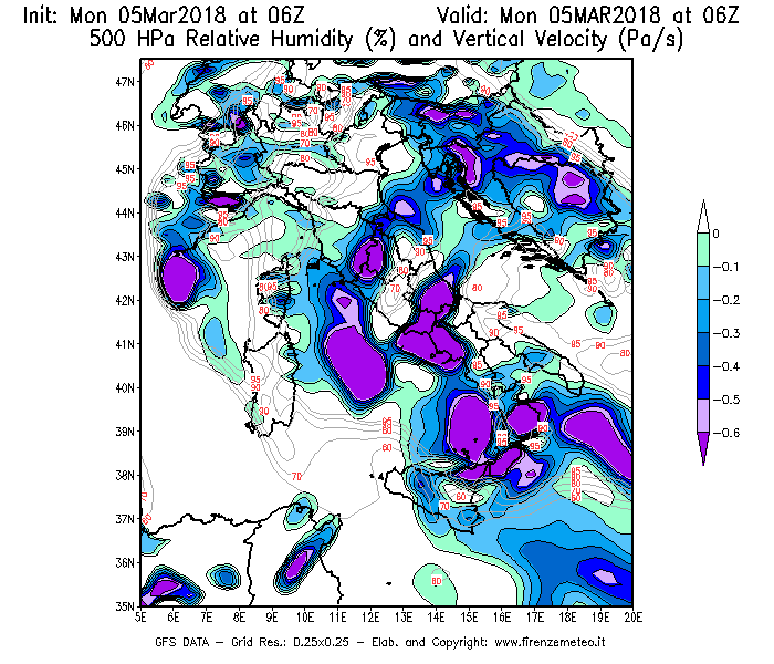 Mappa di analisi GFS - Umidità relativa [%] e Omega [Pa/s] a 500 hPa in Italia
							del 05/03/2018 06 <!--googleoff: index-->UTC<!--googleon: index-->