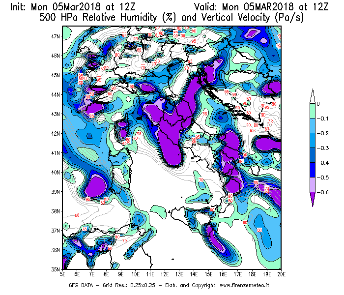 Mappa di analisi GFS - Umidità relativa [%] e Omega [Pa/s] a 500 hPa in Italia
							del 05/03/2018 12 <!--googleoff: index-->UTC<!--googleon: index-->