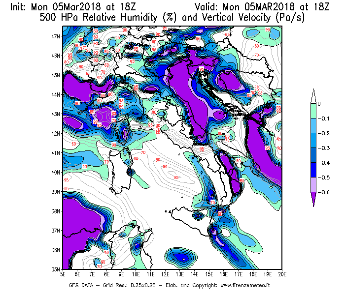 Mappa di analisi GFS - Umidità relativa [%] e Omega [Pa/s] a 500 hPa in Italia
							del 05/03/2018 18 <!--googleoff: index-->UTC<!--googleon: index-->