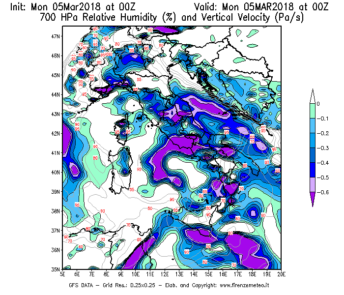 Mappa di analisi GFS - Umidità relativa [%] e Omega [Pa/s] a 700 hPa in Italia
							del 05/03/2018 00 <!--googleoff: index-->UTC<!--googleon: index-->