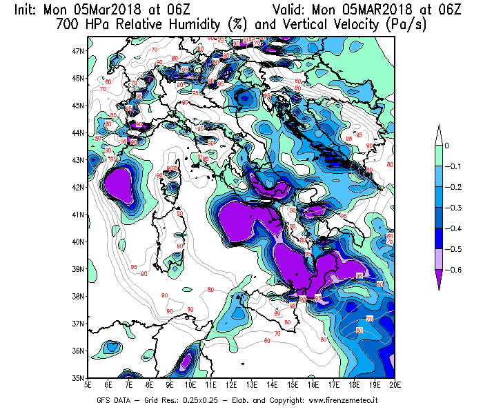 Mappa di analisi GFS - Umidità relativa [%] e Omega [Pa/s] a 700 hPa in Italia
							del 05/03/2018 06 <!--googleoff: index-->UTC<!--googleon: index-->