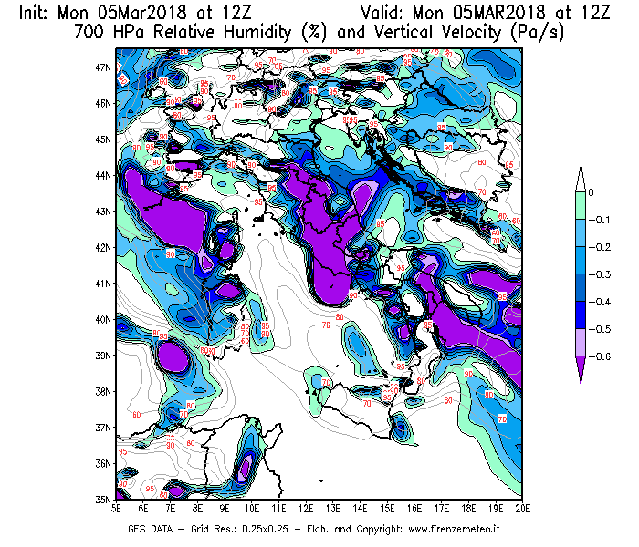 Mappa di analisi GFS - Umidità relativa [%] e Omega [Pa/s] a 700 hPa in Italia
							del 05/03/2018 12 <!--googleoff: index-->UTC<!--googleon: index-->