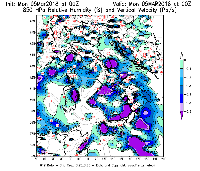 Mappa di analisi GFS - Umidità relativa [%] e Omega [Pa/s] a 850 hPa in Italia
							del 05/03/2018 00 <!--googleoff: index-->UTC<!--googleon: index-->