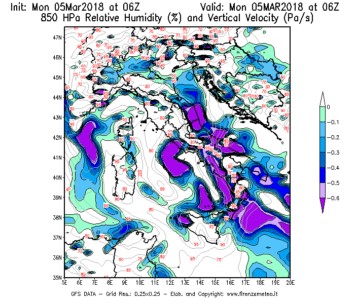 Mappa di analisi GFS - Umidità relativa [%] e Omega [Pa/s] a 850 hPa in Italia
							del 05/03/2018 06 <!--googleoff: index-->UTC<!--googleon: index-->