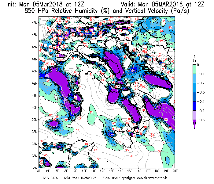 Mappa di analisi GFS - Umidità relativa [%] e Omega [Pa/s] a 850 hPa in Italia
							del 05/03/2018 12 <!--googleoff: index-->UTC<!--googleon: index-->
