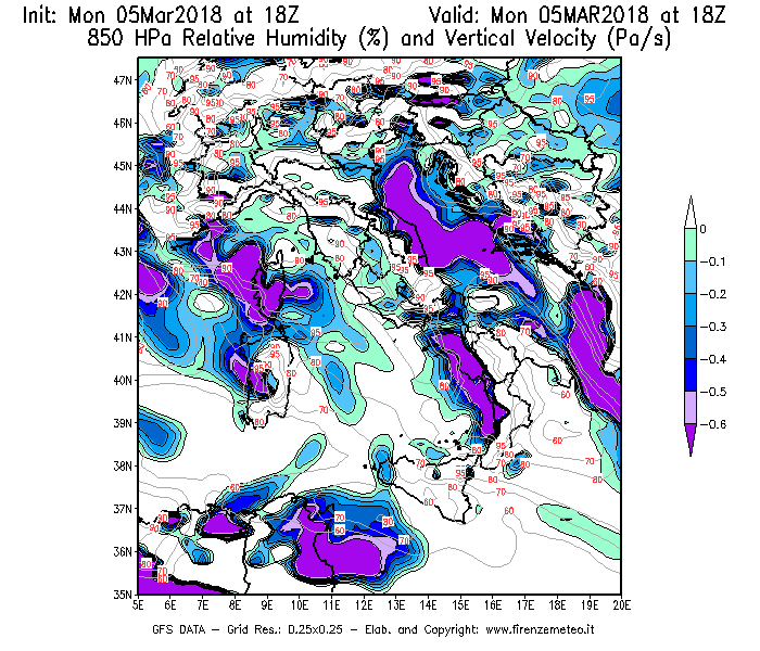 Mappa di analisi GFS - Umidità relativa [%] e Omega [Pa/s] a 850 hPa in Italia
							del 05/03/2018 18 <!--googleoff: index-->UTC<!--googleon: index-->