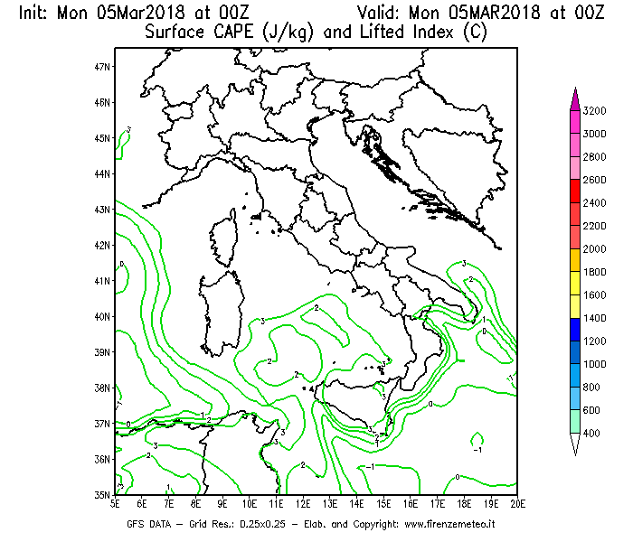 Mappa di analisi GFS - CAPE [J/kg] e Lifted Index [°C] in Italia
							del 05/03/2018 00 <!--googleoff: index-->UTC<!--googleon: index-->