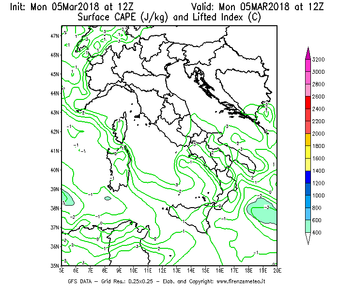 Mappa di analisi GFS - CAPE [J/kg] e Lifted Index [°C] in Italia
							del 05/03/2018 12 <!--googleoff: index-->UTC<!--googleon: index-->