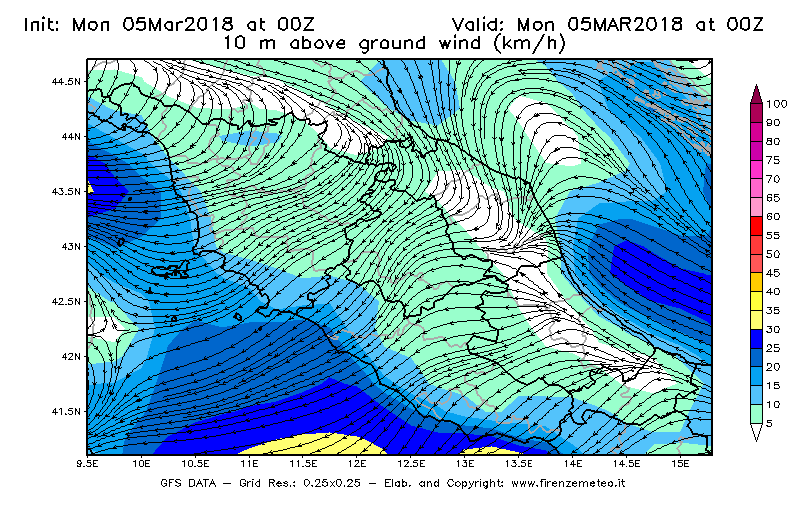 Mappa di analisi GFS - Velocità del vento a 10 metri dal suolo [km/h] in Centro-Italia
							del 05/03/2018 00 <!--googleoff: index-->UTC<!--googleon: index-->