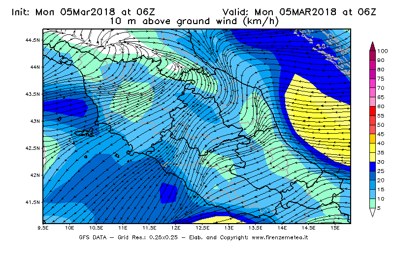 Mappa di analisi GFS - Velocità del vento a 10 metri dal suolo [km/h] in Centro-Italia
							del 05/03/2018 06 <!--googleoff: index-->UTC<!--googleon: index-->