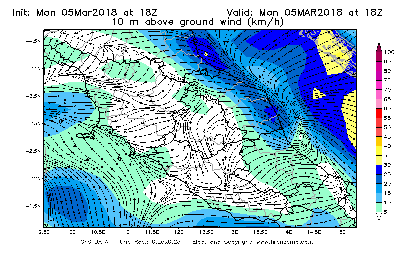 Mappa di analisi GFS - Velocità del vento a 10 metri dal suolo [km/h] in Centro-Italia
							del 05/03/2018 18 <!--googleoff: index-->UTC<!--googleon: index-->
