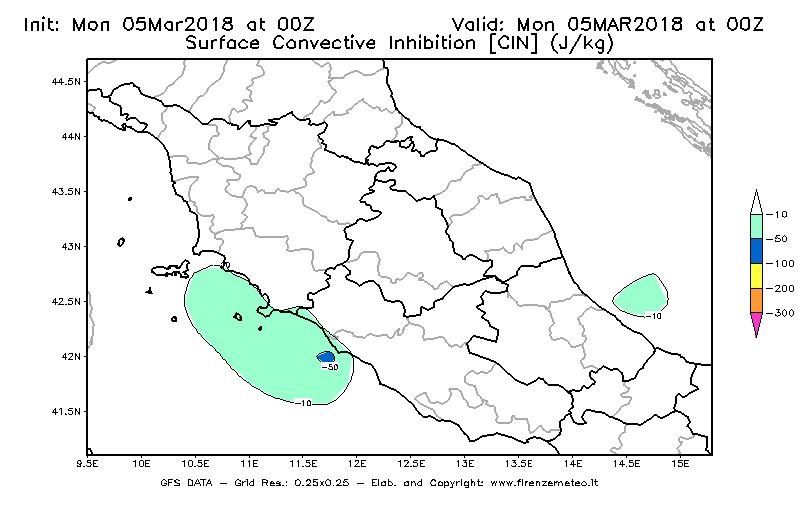 Mappa di analisi GFS - CIN [J/kg] in Centro-Italia
							del 05/03/2018 00 <!--googleoff: index-->UTC<!--googleon: index-->
