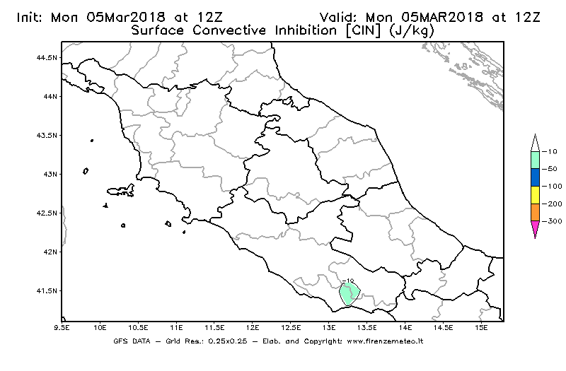 Mappa di analisi GFS - CIN [J/kg] in Centro-Italia
							del 05/03/2018 12 <!--googleoff: index-->UTC<!--googleon: index-->