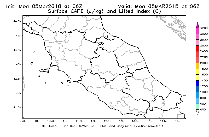 Mappa di analisi GFS - CAPE [J/kg] e Lifted Index [°C] in Centro-Italia
							del 05/03/2018 06 <!--googleoff: index-->UTC<!--googleon: index-->