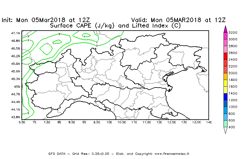 Mappa di analisi GFS - CAPE [J/kg] e Lifted Index [°C] in Nord-Italia
							del 05/03/2018 12 <!--googleoff: index-->UTC<!--googleon: index-->