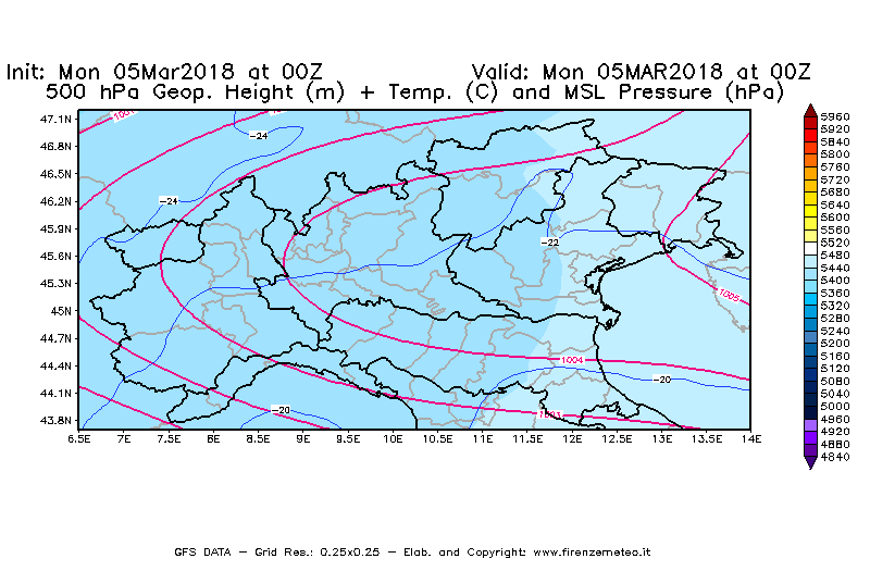 Mappa di analisi GFS - Geopotenziale [m] + Temp. [°C] a 500 hPa + Press. a livello del mare [hPa] in Nord-Italia
							del 05/03/2018 00 <!--googleoff: index-->UTC<!--googleon: index-->