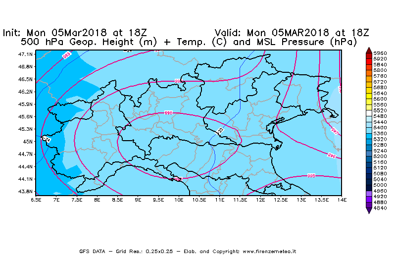 Mappa di analisi GFS - Geopotenziale [m] + Temp. [°C] a 500 hPa + Press. a livello del mare [hPa] in Nord-Italia
							del 05/03/2018 18 <!--googleoff: index-->UTC<!--googleon: index-->