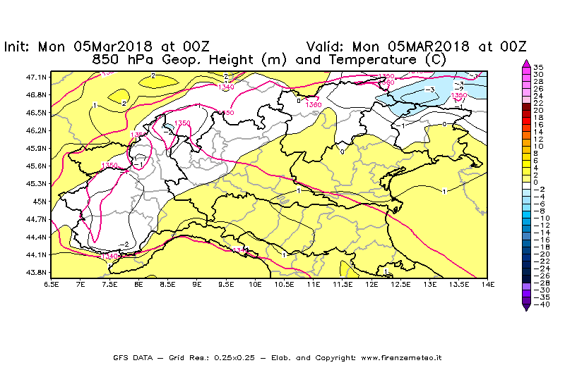 Mappa di analisi GFS - Geopotenziale [m] e Temperatura [°C] a 850 hPa in Nord-Italia
							del 05/03/2018 00 <!--googleoff: index-->UTC<!--googleon: index-->