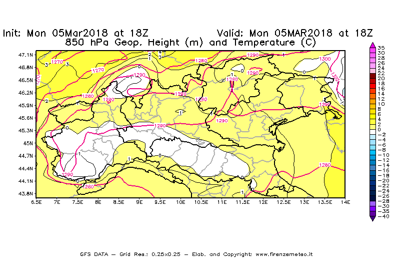 Mappa di analisi GFS - Geopotenziale [m] e Temperatura [°C] a 850 hPa in Nord-Italia
							del 05/03/2018 18 <!--googleoff: index-->UTC<!--googleon: index-->