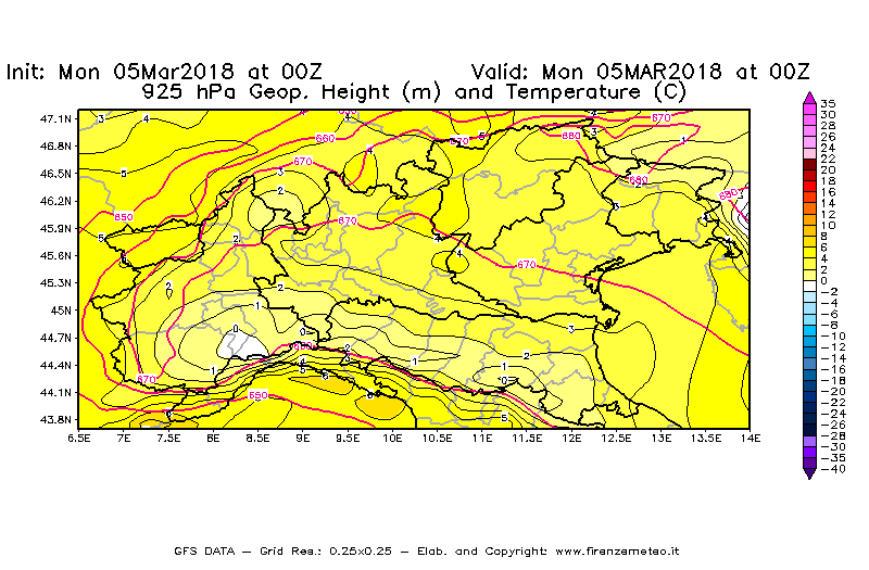 Mappa di analisi GFS - Geopotenziale [m] e Temperatura [°C] a 925 hPa in Nord-Italia
							del 05/03/2018 00 <!--googleoff: index-->UTC<!--googleon: index-->