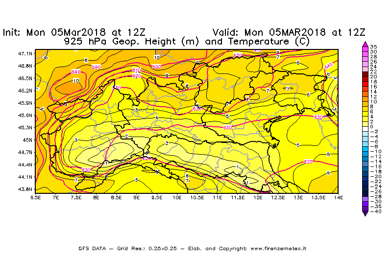 Mappa di analisi GFS - Geopotenziale [m] e Temperatura [°C] a 925 hPa in Nord-Italia
							del 05/03/2018 12 <!--googleoff: index-->UTC<!--googleon: index-->