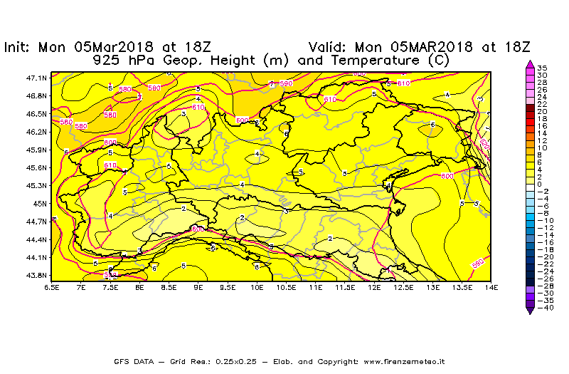 Mappa di analisi GFS - Geopotenziale [m] e Temperatura [°C] a 925 hPa in Nord-Italia
							del 05/03/2018 18 <!--googleoff: index-->UTC<!--googleon: index-->